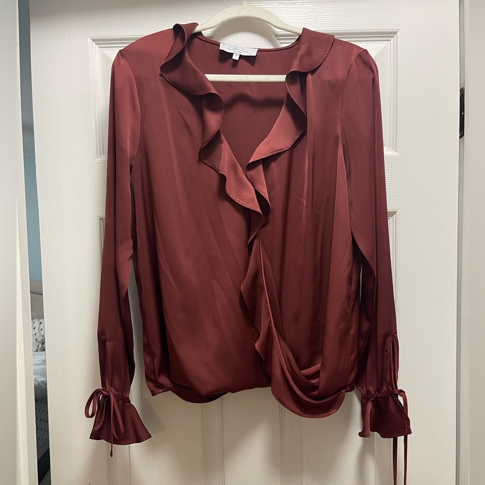 L’Academie Ruffle Front Faux Wrap Tie Sleeve Top, Women’s Size Large